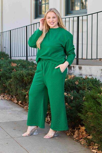 Double Take Full Size Textured Long Sleeve Top and Drawstring Pants Set for a perfect OOTD – dress to impress outfits from Amexza