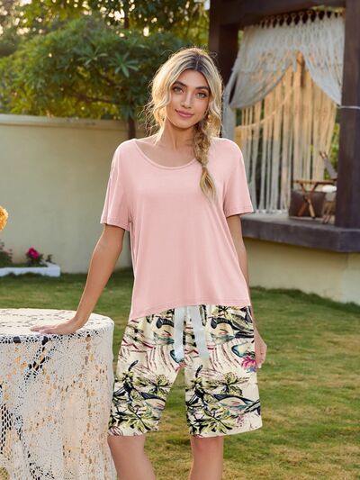 Short Sleeve Top and Printed Shorts Lounge Set Blush Pink for a perfect OOTD – dress to impress outfits from Amexza