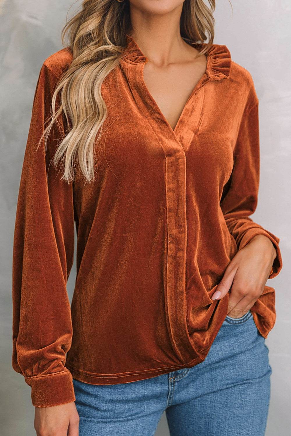 Notched Frill Detail Long Sleeve Blouse for a perfect OOTD – dress to impress outfits from Amexza