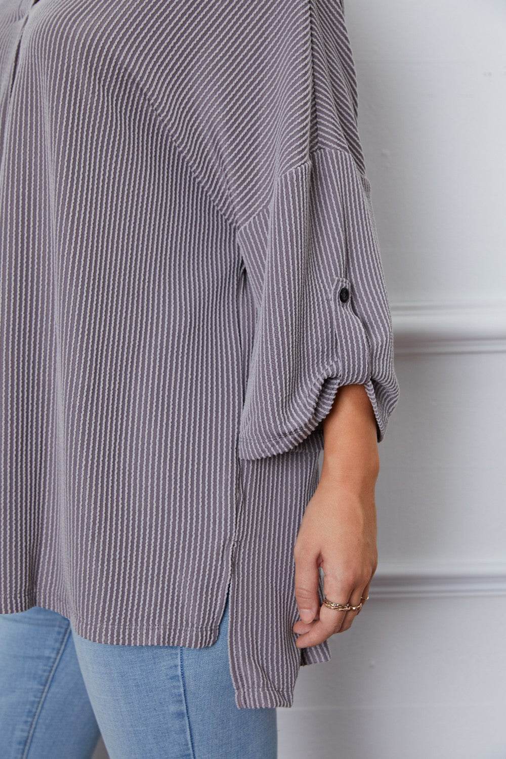 Notched Roll-Tab Sleeve Blouse - Amexza