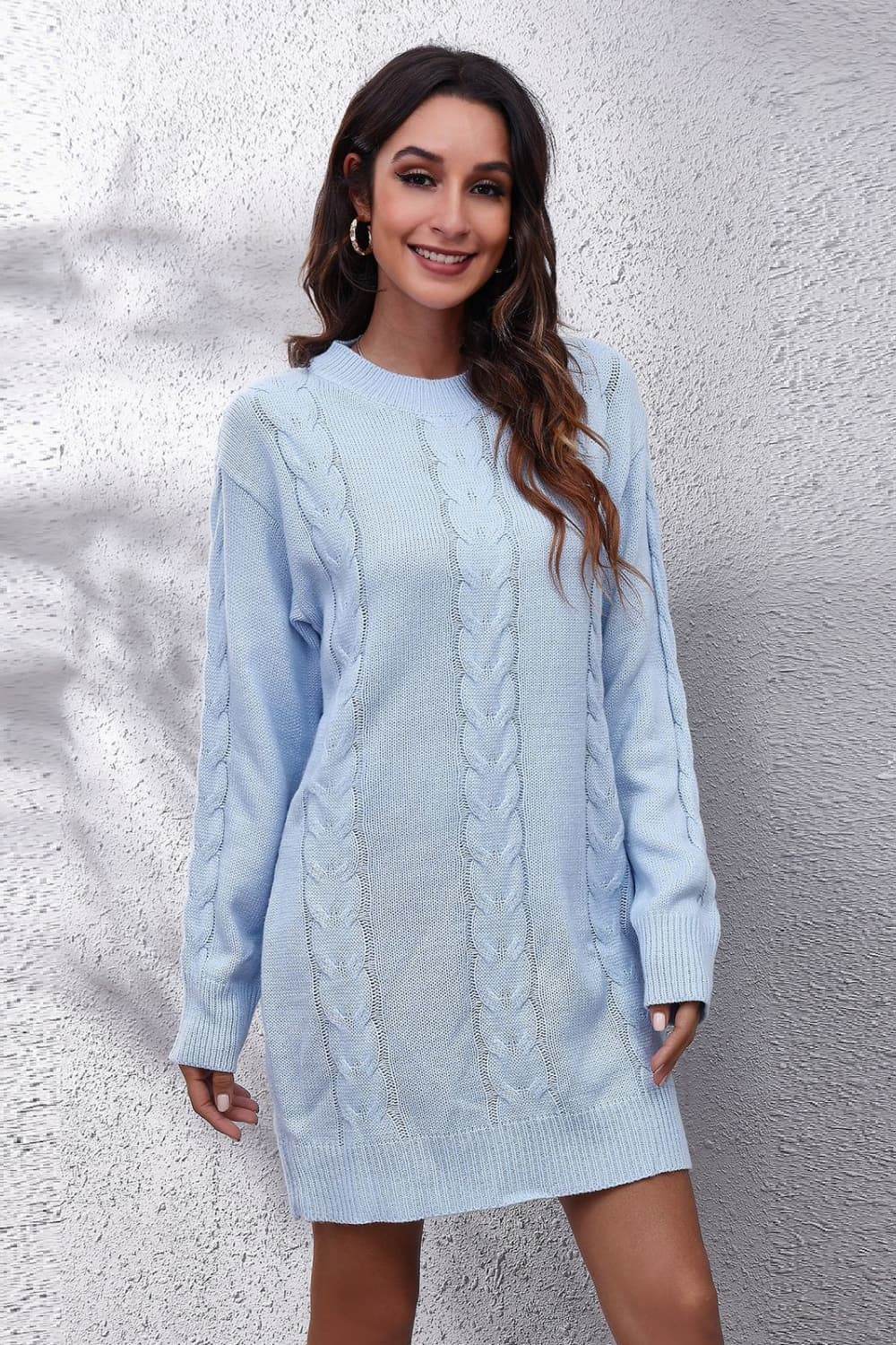 Cable-Knit Round Neck Sweater Dress Light Blue for a perfect OOTD – dress to impress outfits from Amexza