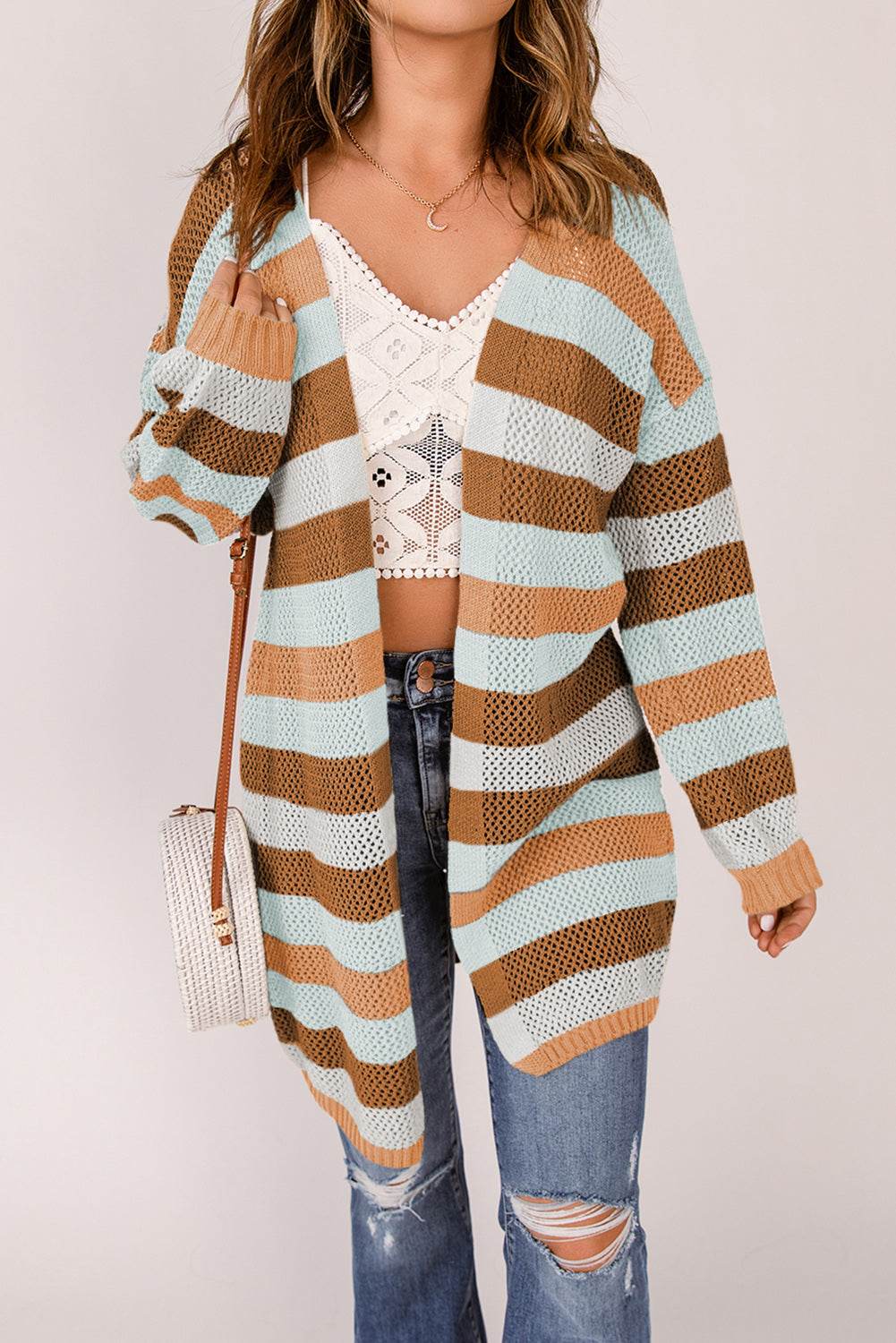 Full Size Striped Long Sleeve Openwork Cardigan Chestnut for a perfect OOTD – dress to impress outfits from Amexza