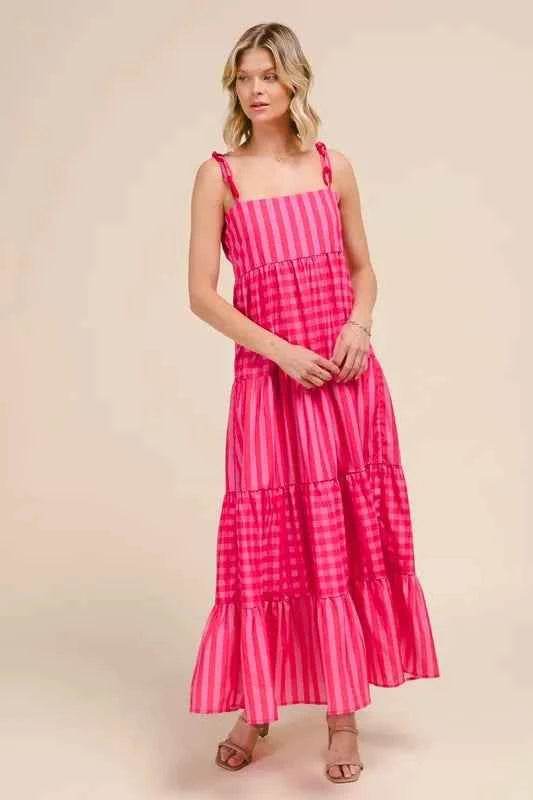 SO ME Stripe Tiered Maxi Dress with Colorful Chain Strap PINK RED for a perfect OOTD – dress to impress outfits from Amexza