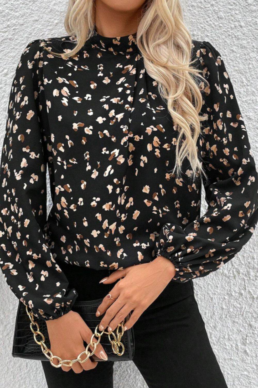 Printed Mock Neck Balloon Sleeve Blouse Black for a perfect OOTD – dress to impress outfits from Amexza