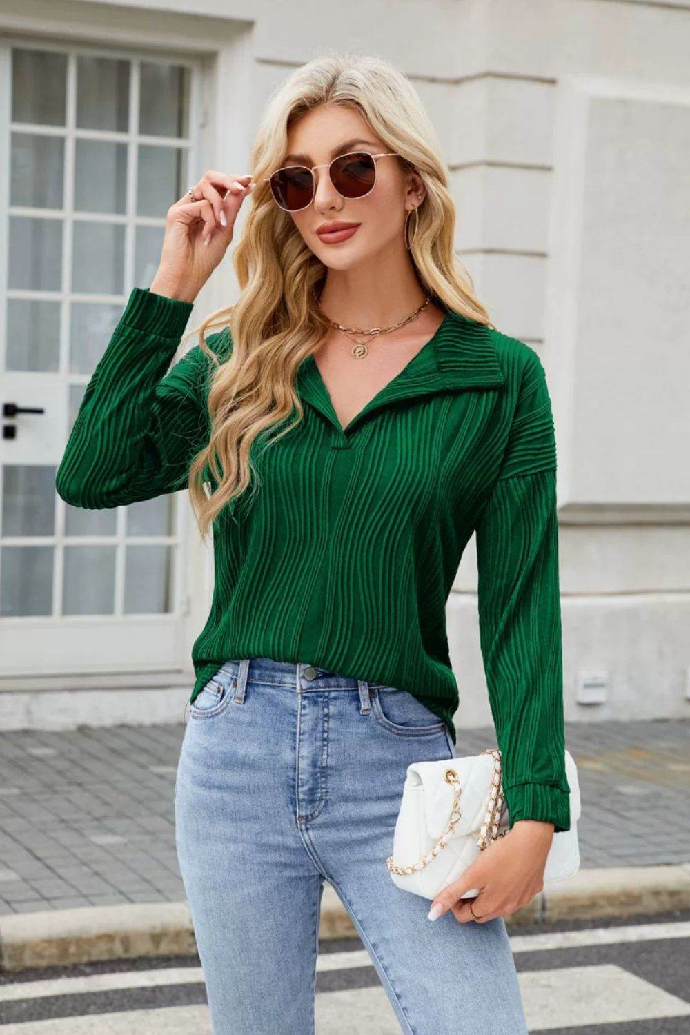 Texture Collared Neck Long Sleeve Blouse Dark Green for a perfect OOTD – dress to impress outfits from Amexza