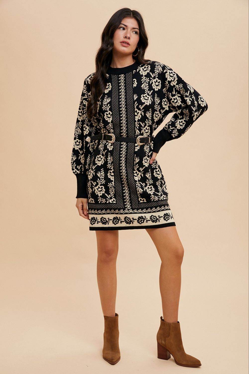 Annie Wear Floral Jacquard Round Neck Sweater Dress for a perfect OOTD – dress to impress outfits from Amexza