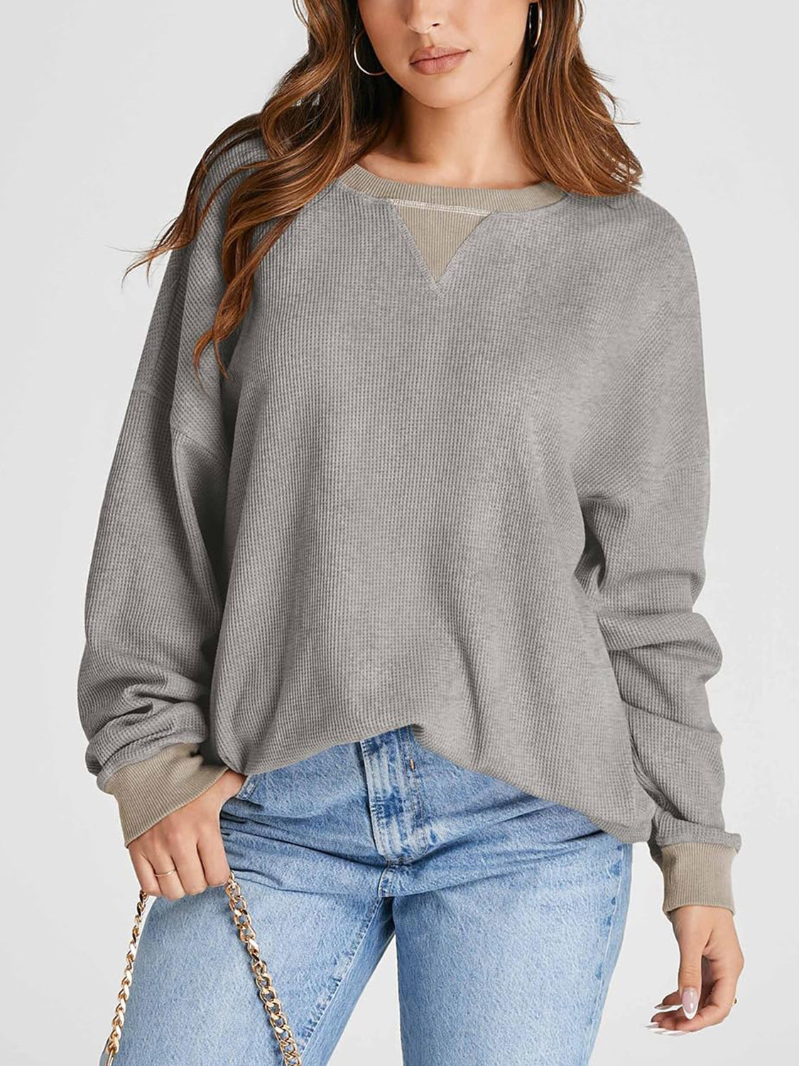 Waffle Knit Round Neck Long Sleeve T-Shirt Gray for a perfect OOTD – dress to impress outfits from Amexza