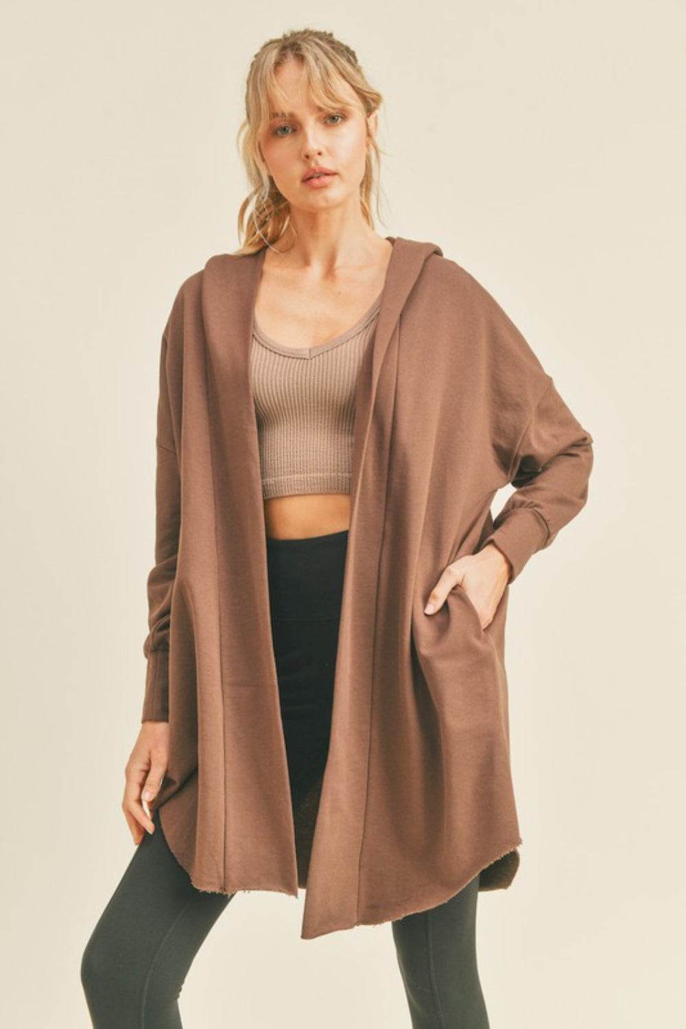 Kimberly C Open Front Longline Hooded Cardigan CHOCO for a perfect OOTD – dress to impress outfits from Amexza