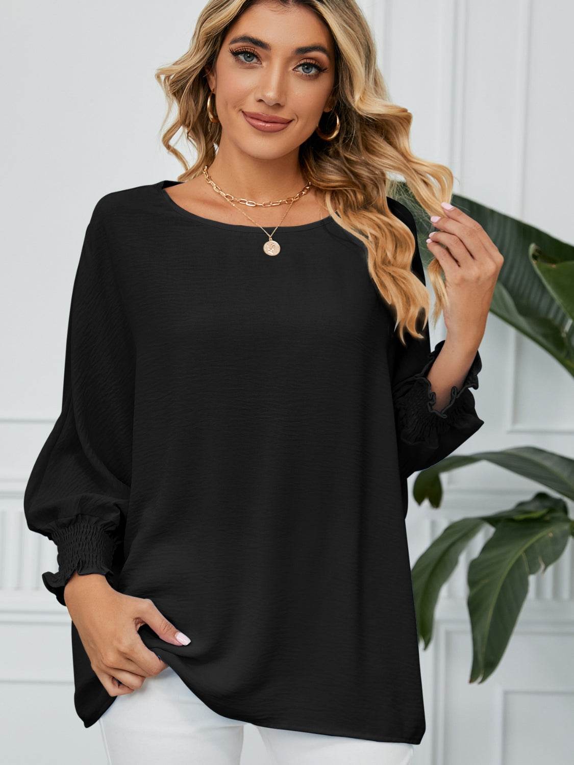 Smocked Lantern Sleeve Round Neck Blouse Black for a perfect OOTD – dress to impress outfits from Amexza