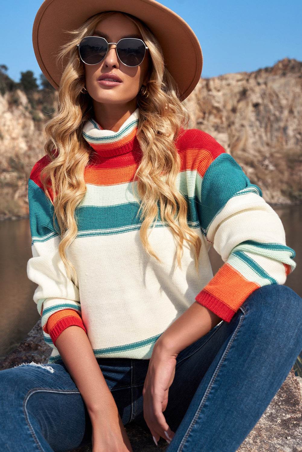 Woven Right Striped Turtleneck Drop Shoulder Sweater - Amexza