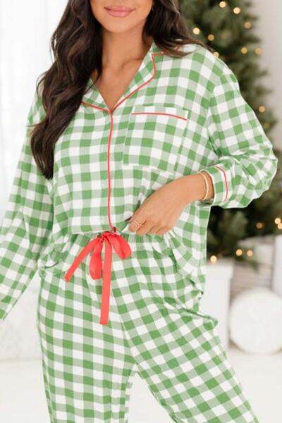 Plaid Collared Neck Long Sleeve Top and Pants Set Light Green for a perfect OOTD – dress to impress outfits from Amexza