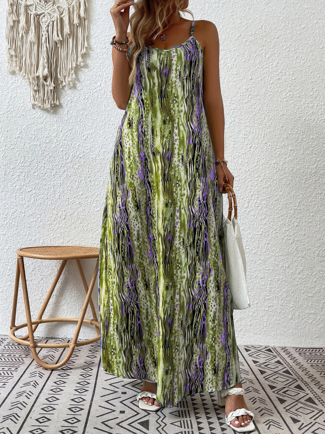 Full Size Printed Scoop Neck Maxi Cami Dress - Lime / S