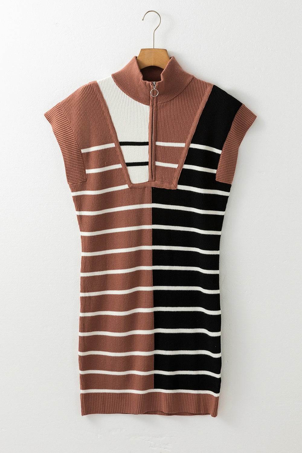 Striped Quarter Zip Cap Sleeve Sweater Dress - Amexza