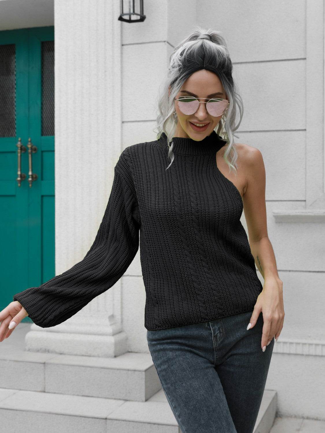 Cable-Knit Round Neck Asymmetrical Sweater for a perfect OOTD – dress to impress outfits from Amexza