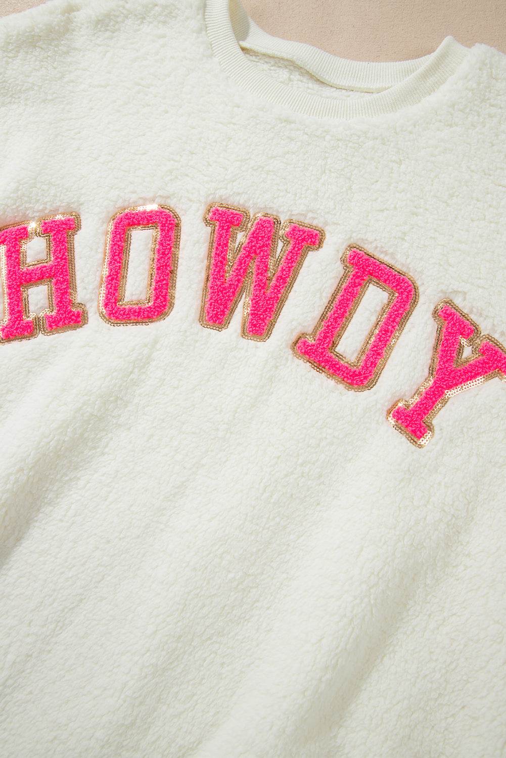 HOWDY Patched Round Neck Sherpa Sweatshirt - Amexza