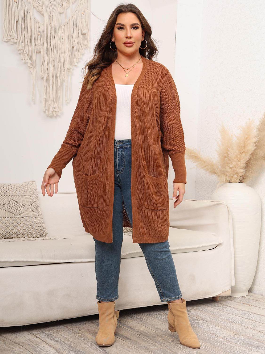 Plus Size Open Front Cardigan With Pockets - Amexza