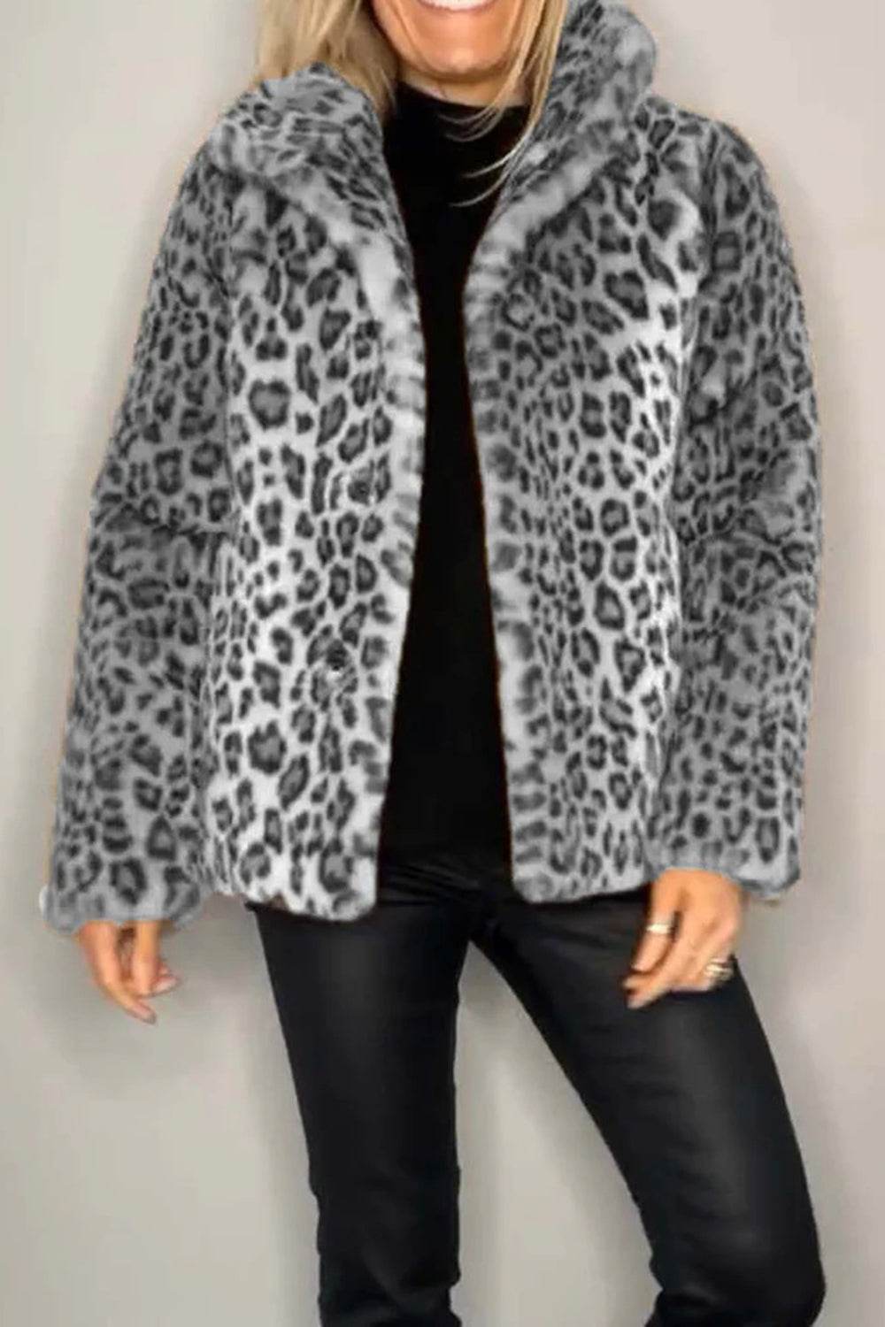 Full Size Leopard Furry Collared Neck Long Sleeve Coat - Amexza