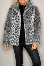 Full Size Leopard Furry Collared Neck Long Sleeve Coat - Amexza