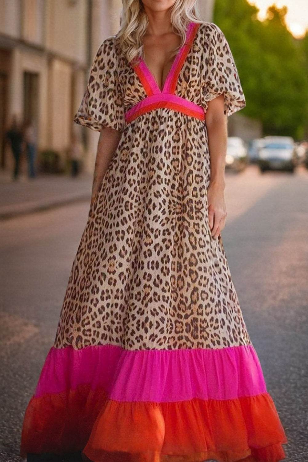 Full Size Leopard V-Neck Half Sleeve Maxi Dress - Amexza