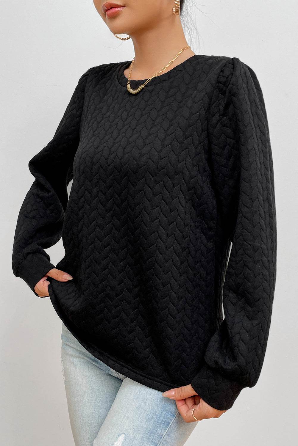 Texture Round Neck Long Sleeve Sweatshirt - Amexza