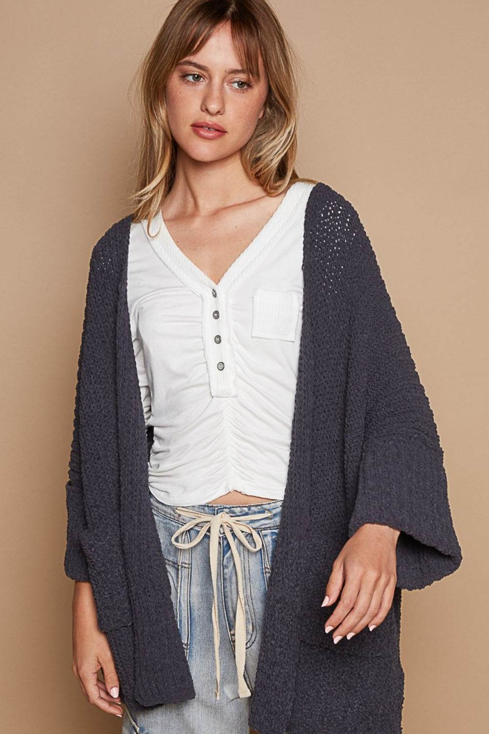 POL Open Front Sweater Cardigan with Pockets - Amexza