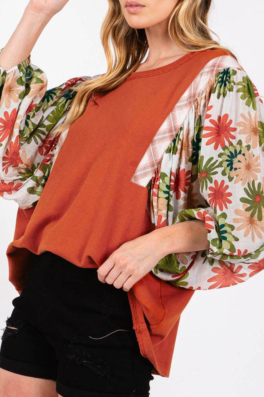 Printed Round Neck Balloon Sleeve Blouse Orange-Red for a perfect OOTD – dress to impress outfits from Amexza