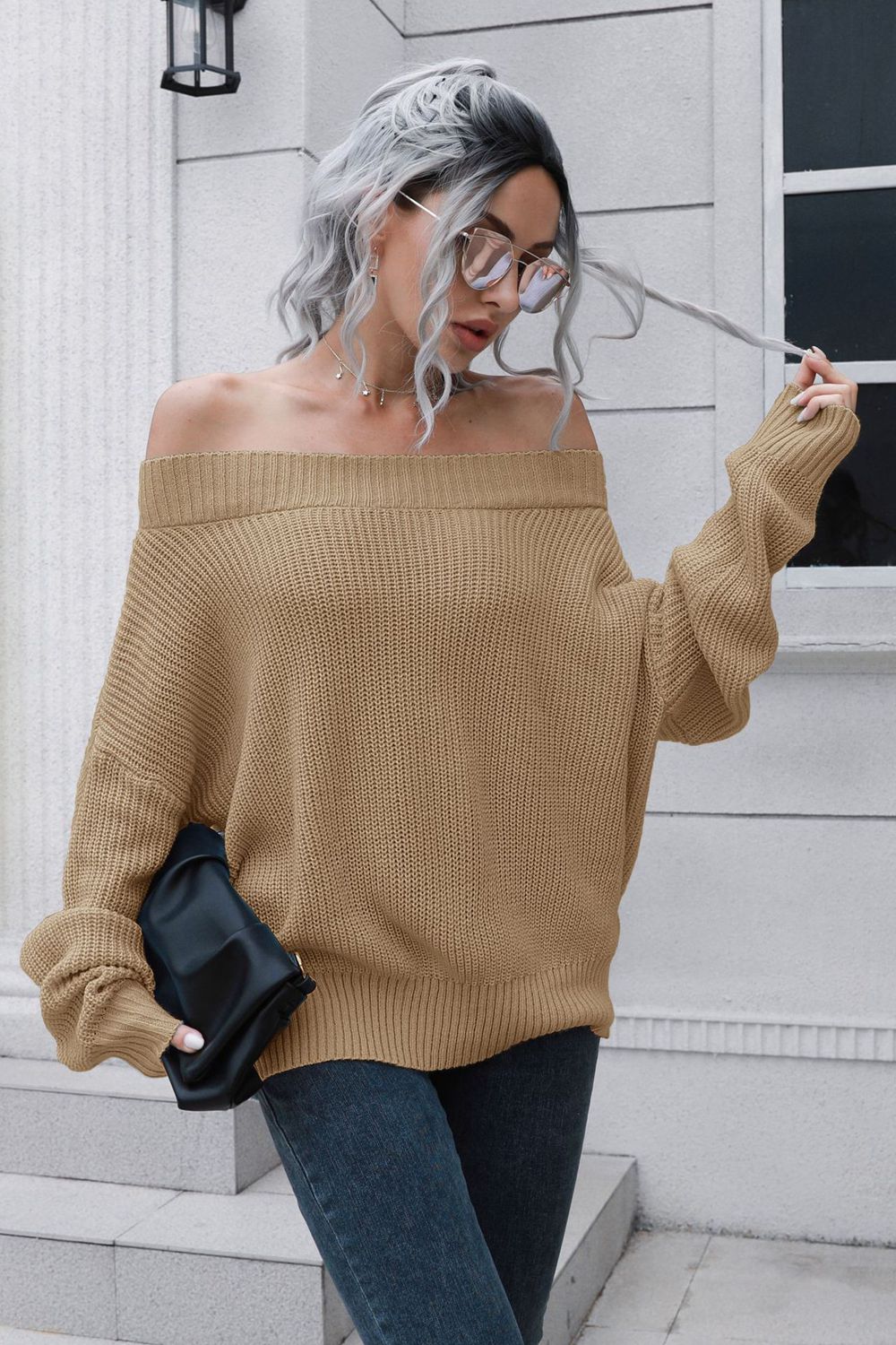 Off-Shoulder Ribbed Long Sleeve Pullover Sweater for a perfect OOTD – dress to impress outfits from Amexza