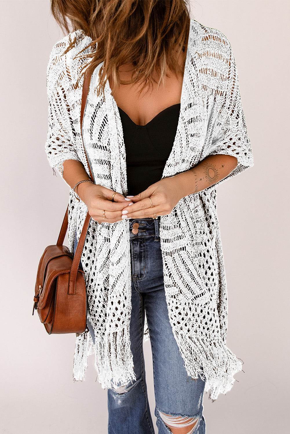 Openwork Open Front Cardigan with Fringes for a perfect OOTD – dress to impress outfits from Amexza