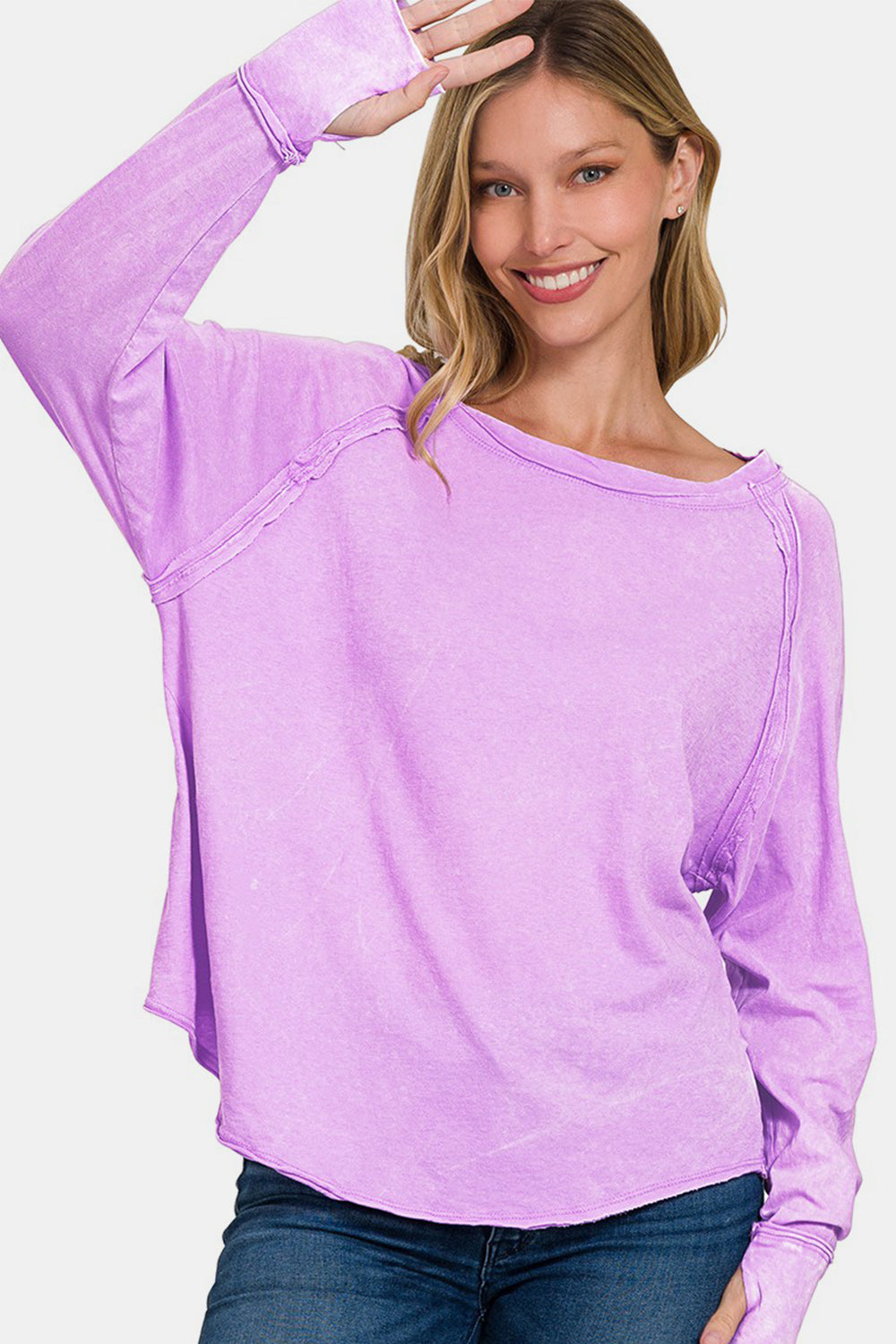 Zenana Round Neck Thumbhole Long Sleeve T-Shirt Lavender for a perfect OOTD – dress to impress outfits from Amexza