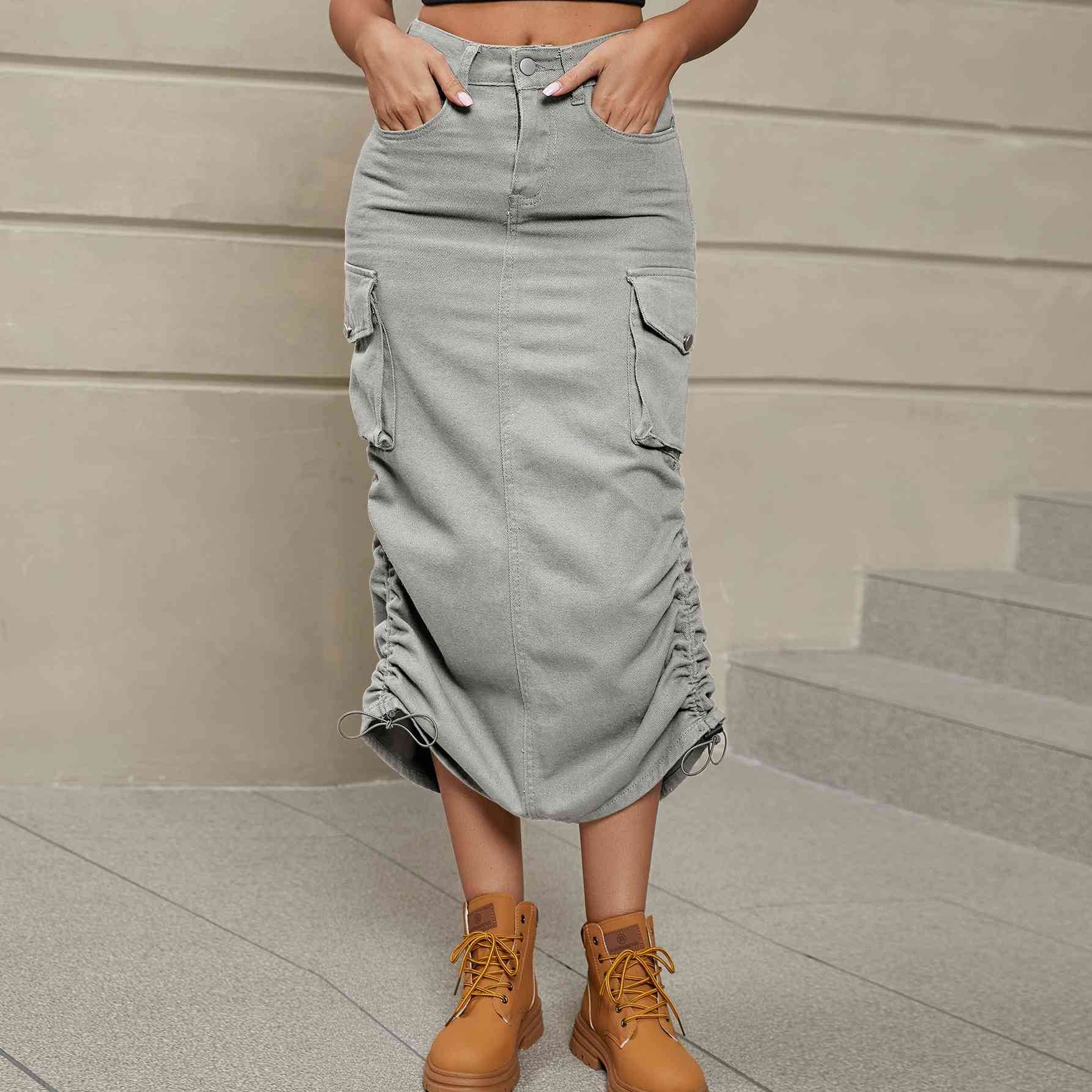 Drawstring Ruched Slit Denim Midi Skirt for a perfect OOTD – dress to impress outfits from Amexza