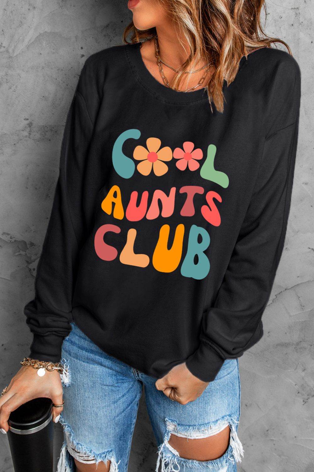 Letter Graphic Round Neck Long Sleeve Sweatshirt - Amexza