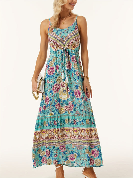 Printed Scoop Neck Midi Cami Dress - Turquoise / S