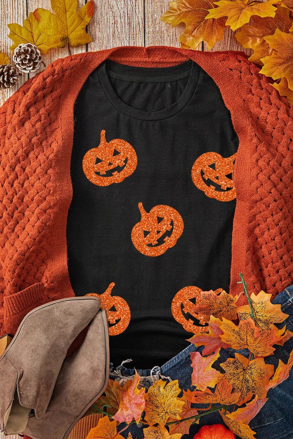 Full Size Glitter Jack-O'-Lantern Round Neck Short Sleeve T-Shirt for a perfect OOTD – dress to impress outfits from Amexza