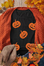 Full Size Glitter Jack-O'-Lantern Round Neck Short Sleeve T-Shirt - Amexza