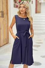 Tied Round Neck Sleeveless Dress - Amexza