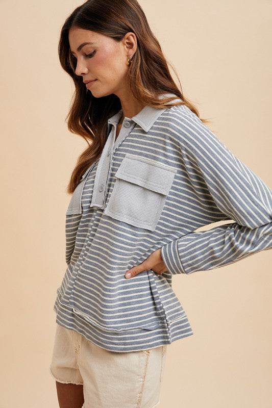 Annie Wear Striped Button Detail Long Sleeve Polo Top for a perfect OOTD – dress to impress outfits from Amexza