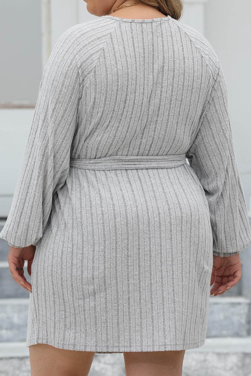 Plus Size Ribbed Tie Front Long Sleeve Sweater Dress for a perfect OOTD – dress to impress outfits from Amexza