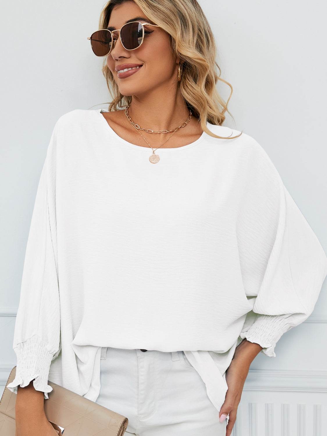 Smocked Lantern Sleeve Round Neck Blouse for a perfect OOTD – dress to impress outfits from Amexza