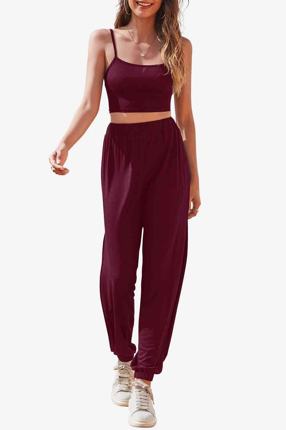 Cropped Cami and Side Split Joggers Set Burgundy for a perfect OOTD – dress to impress outfits from Amexza