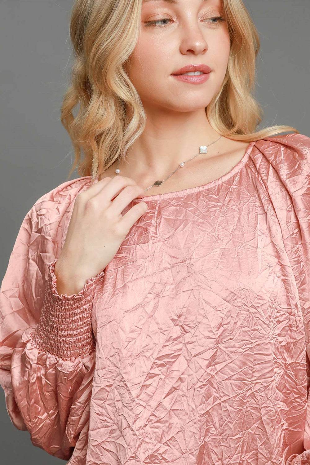 Umgee Wrinkled Round Neck Lantern Sleeve Blouse - Amexza