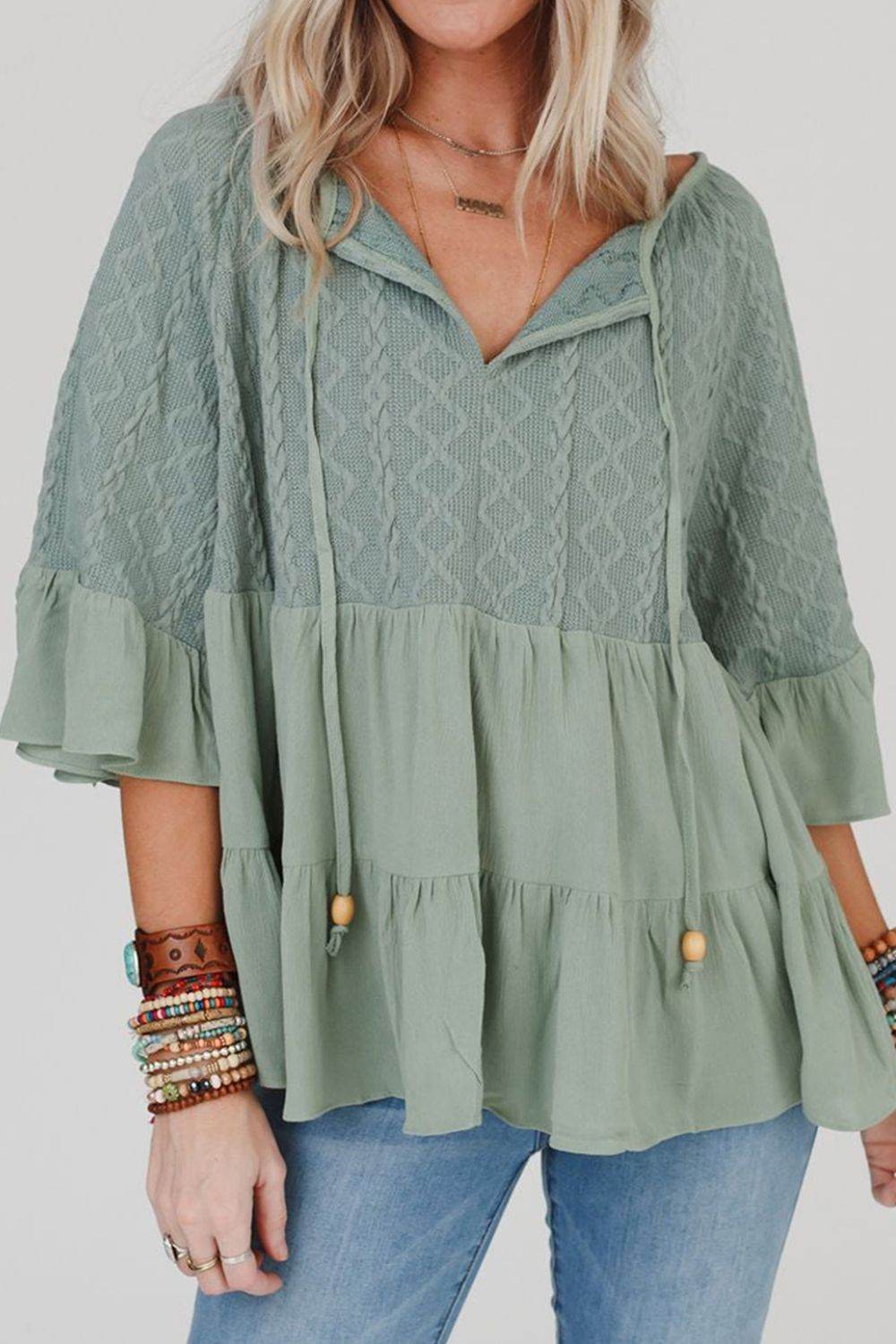 Ruffled Tie Neck Three-Quarter Sleeve Blouse for a perfect OOTD – dress to impress outfits from Amexza