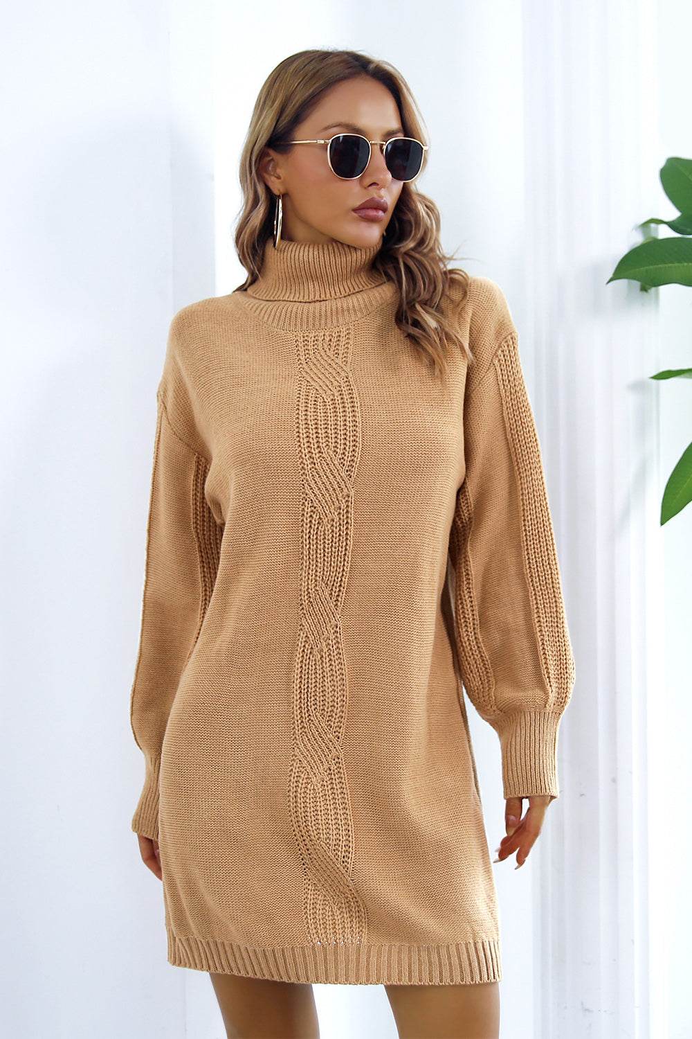 Openwork Turtleneck Long Sleeve Sweater Dress - Amexza