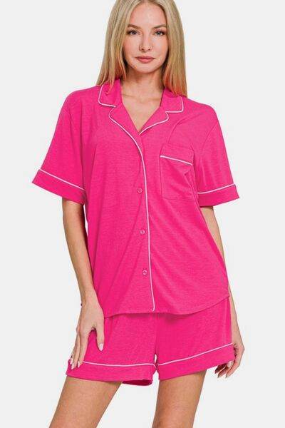 Zenana Button Down Short Sleeve Top and Shorts Lounge Set Hot Pink for a perfect OOTD – dress to impress outfits from Amexza