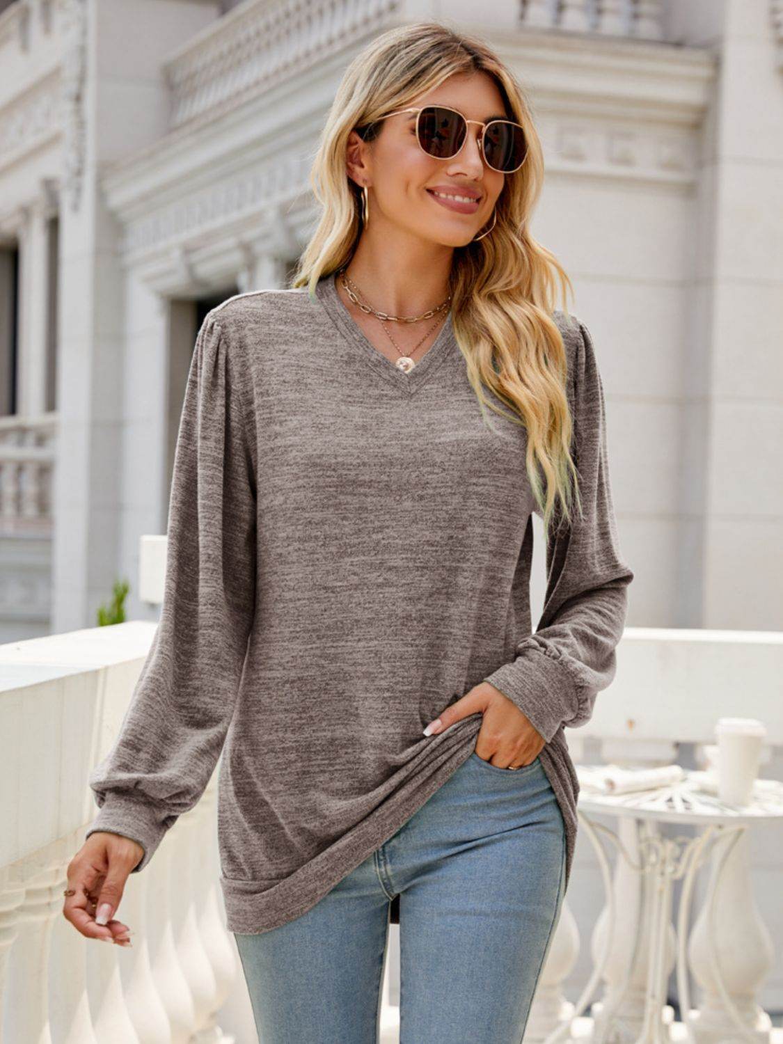 Heathered V-Neck Long Sleeve T-Shirt for a perfect OOTD – dress to impress outfits from Amexza