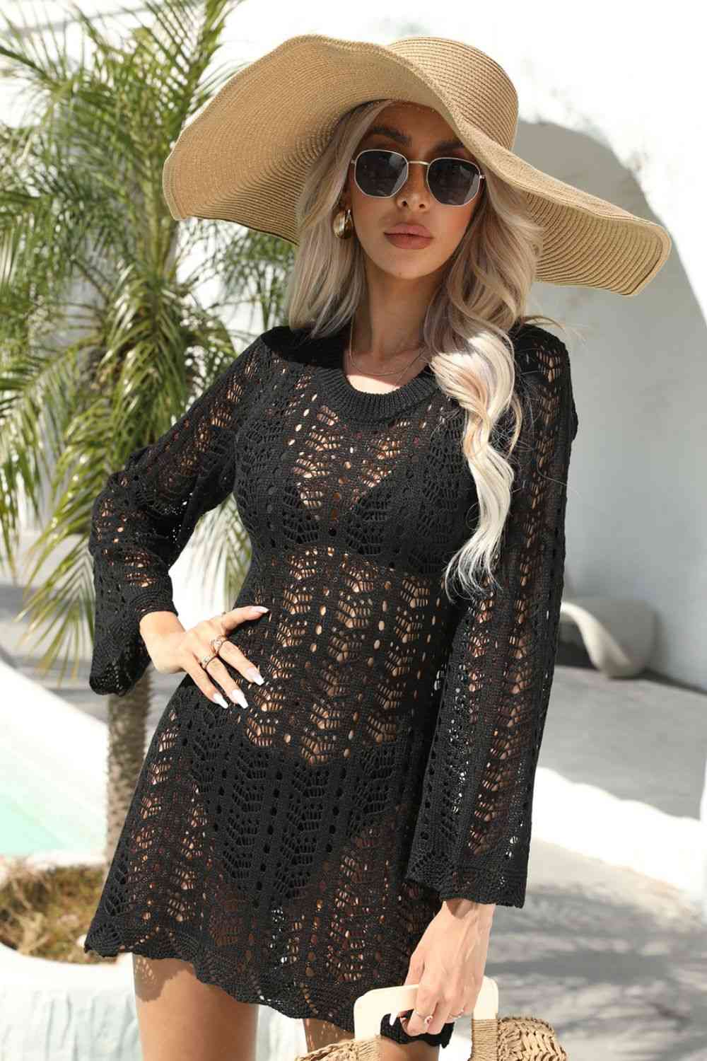 Angel Wings Openwork Scalloped Trim Long Sleeve Cover-Up Dress for a perfect OOTD – dress to impress outfits from Amexza