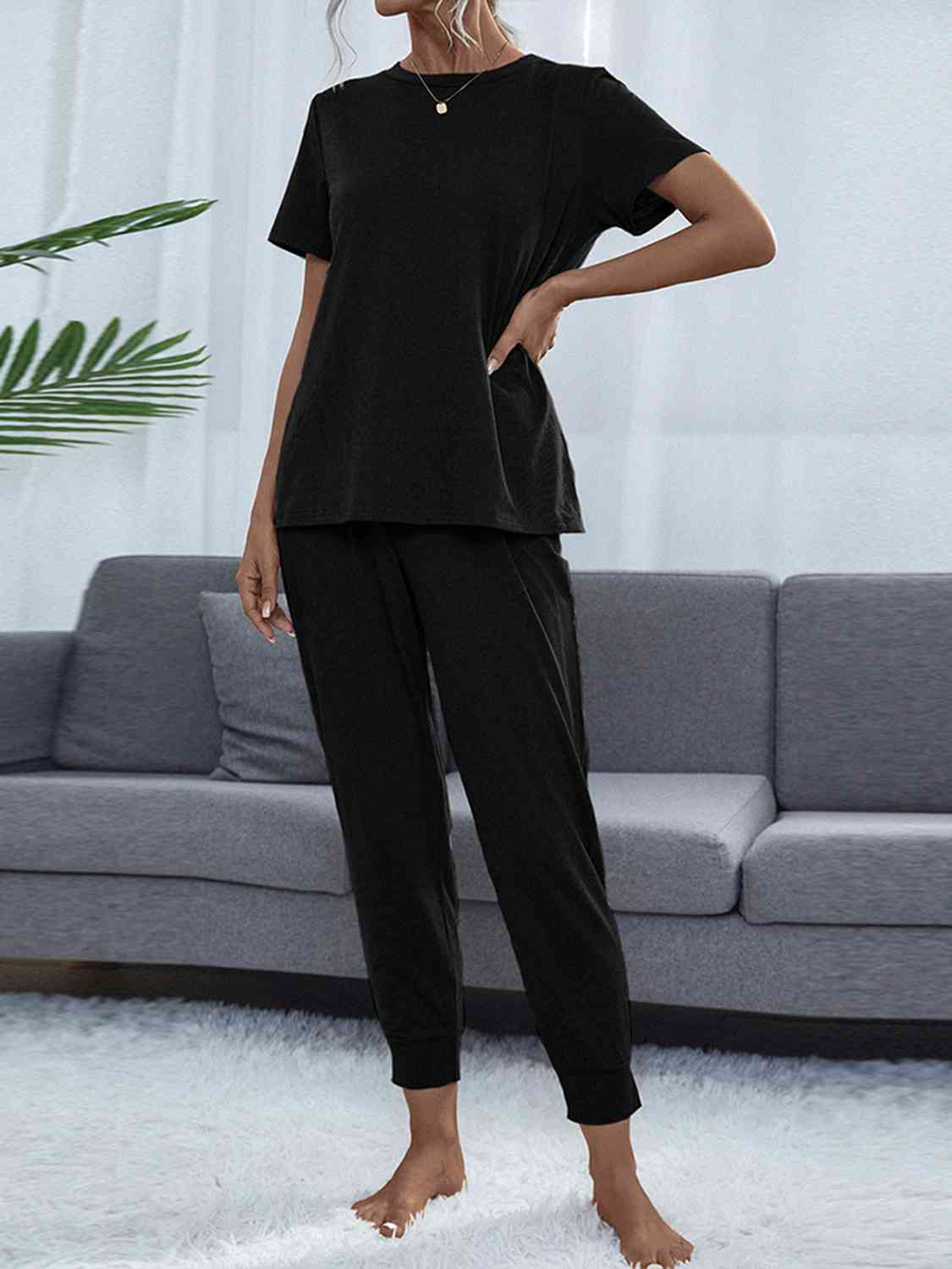 Shiny Round Neck Short Sleeve Top and Pants Set for a perfect OOTD – dress to impress outfits from Amexza