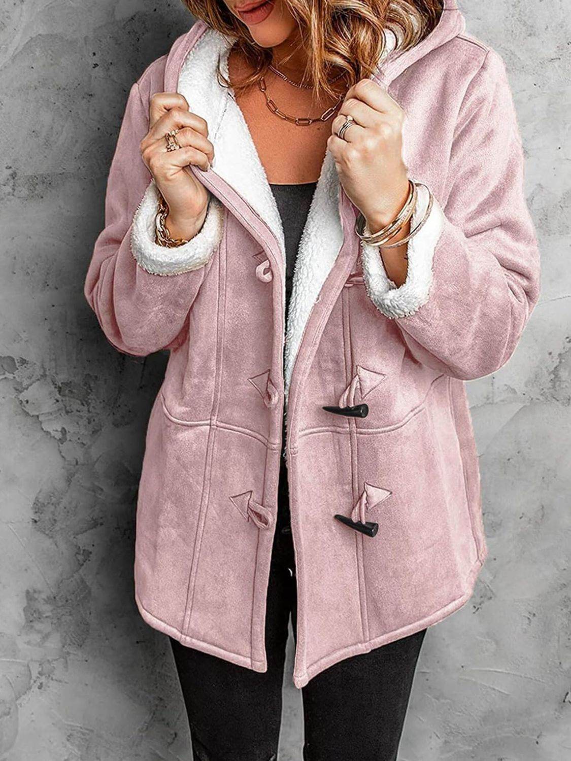 Full Size Pocketed Long Sleeve Hooded Toggle Jacket Blush Pink for a perfect OOTD – dress to impress outfits from Amexza