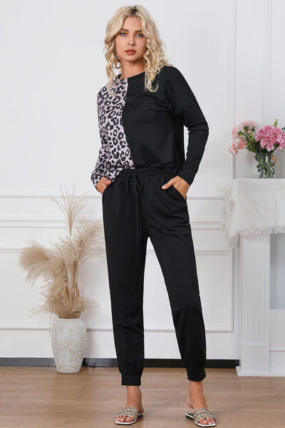 Leopard Round Neck Top and Drawstring Pants Lounge Set for a perfect OOTD – dress to impress outfits from Amexza