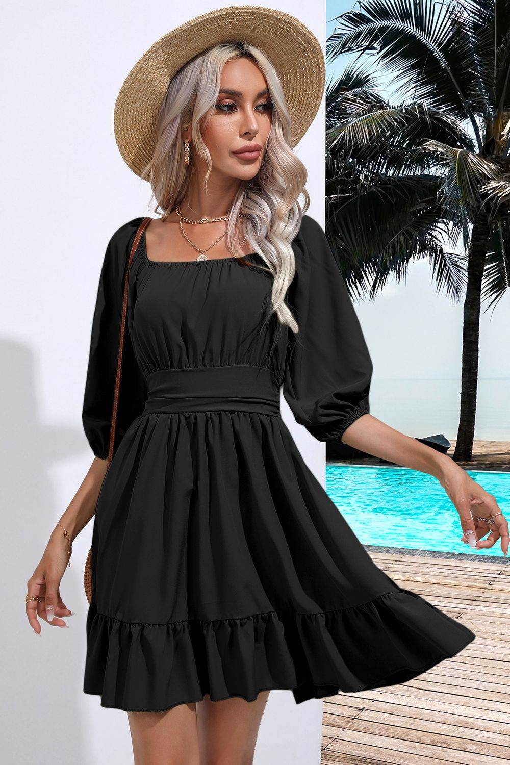 Square Neck Tie Back Ruffle Hem Dress - Amexza