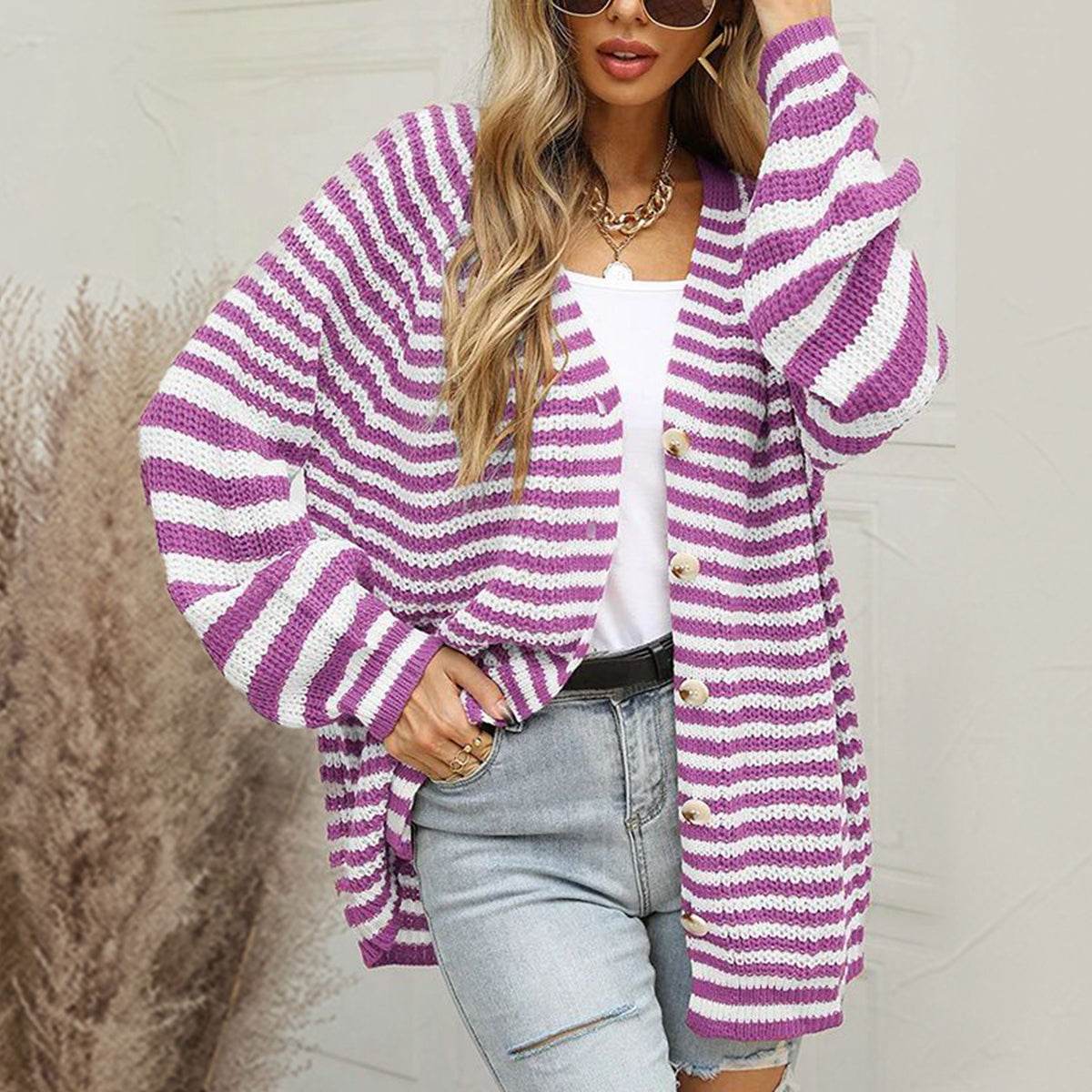 Striped Button Down Long Sleeve Cardigan - Amexza